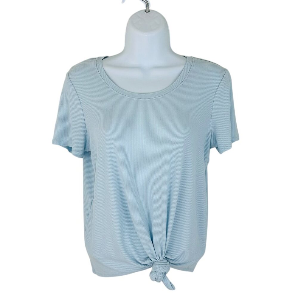 1.State Women's Size S Ribbed Knit Knotted Hem Light Blue Top